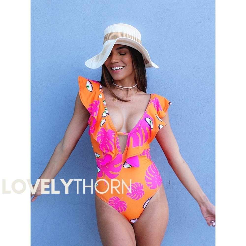 TRINA TURK // ltd ed playa de flor flutter sleeve cut-out 1 piece swim/bodysuit - Picture 6 of 12